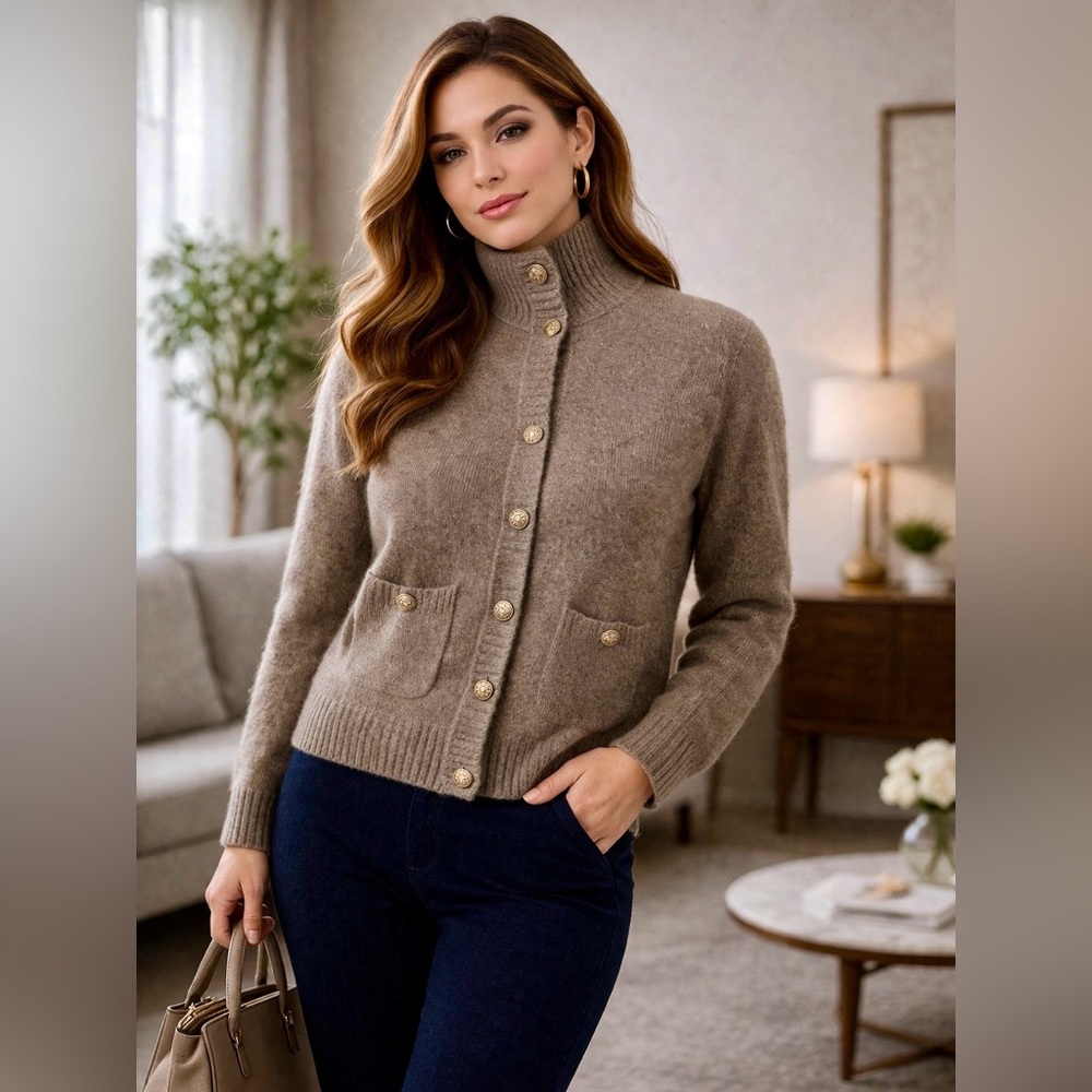 NWT C by Bloomingdales Taupe Button-Up Cardigan Size M